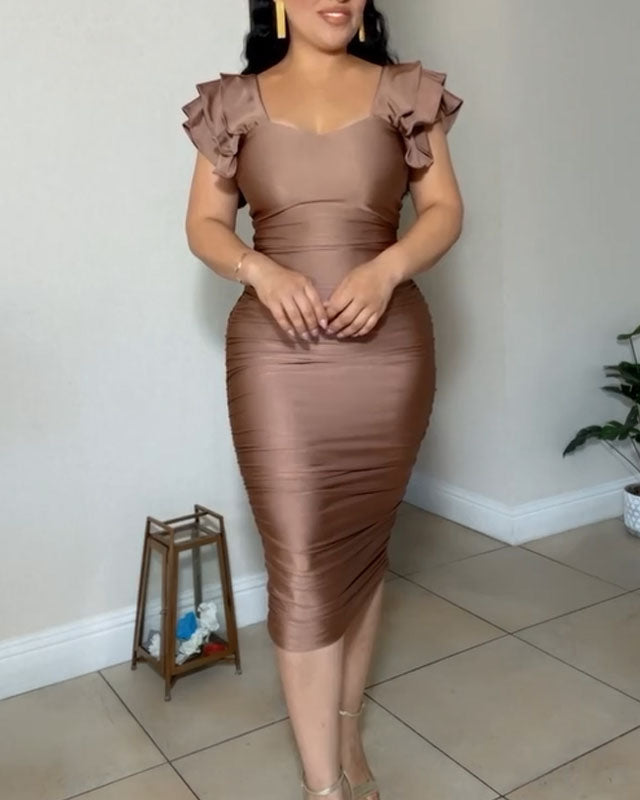 Vestido Milena Bodycon de seda leitosa com mangas franzidas (pré-venda)