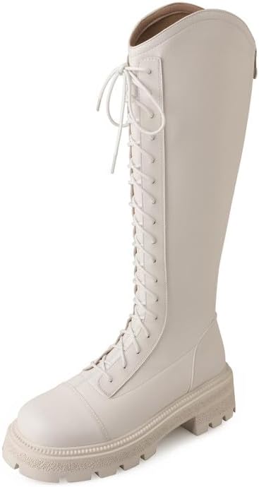 KAGAA Botas femininas plataforma de zíper de couro de vaca com biqueira redonda, salto de bloco com botas de cano alto quentes feitas à mão de 5 cm para mulheres ty031-1s