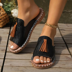 Chinelo De Verão Casual Com Detalhe De Franja Para Mulheres, Confortável E Leve Para Uso Ao Ar Livre Na Praia.